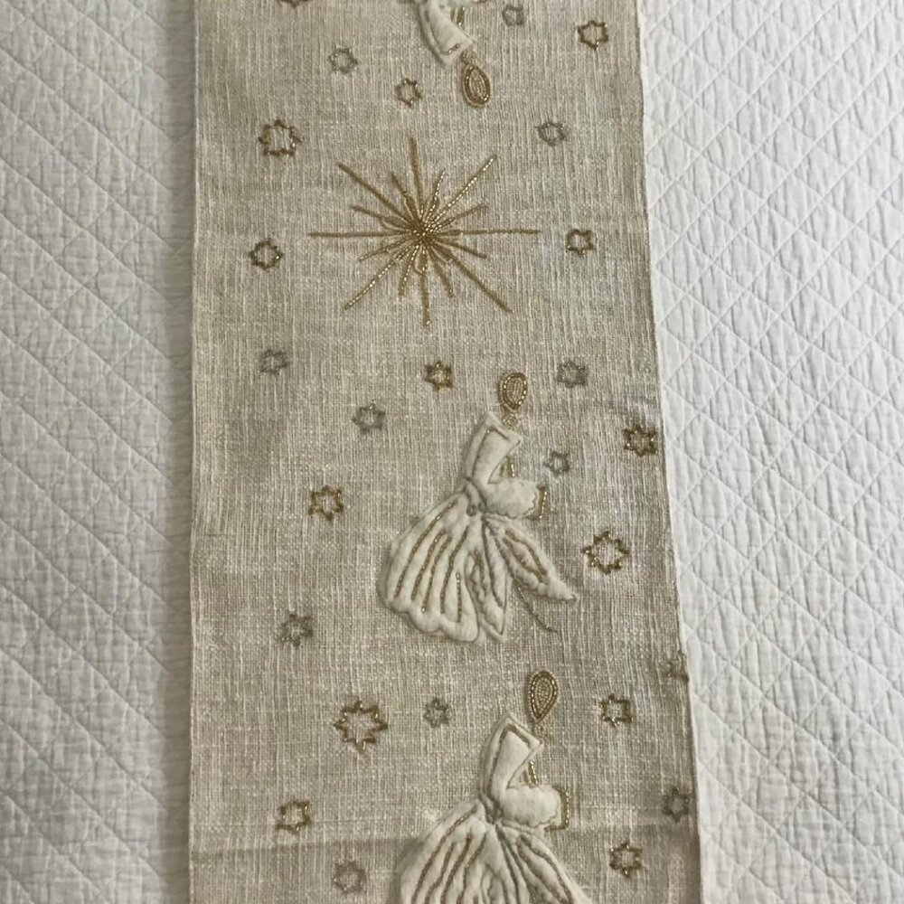 Cherished Traditions Table Runner 14" x 48" Linen Angels, Stars, Trumpets Rustic
